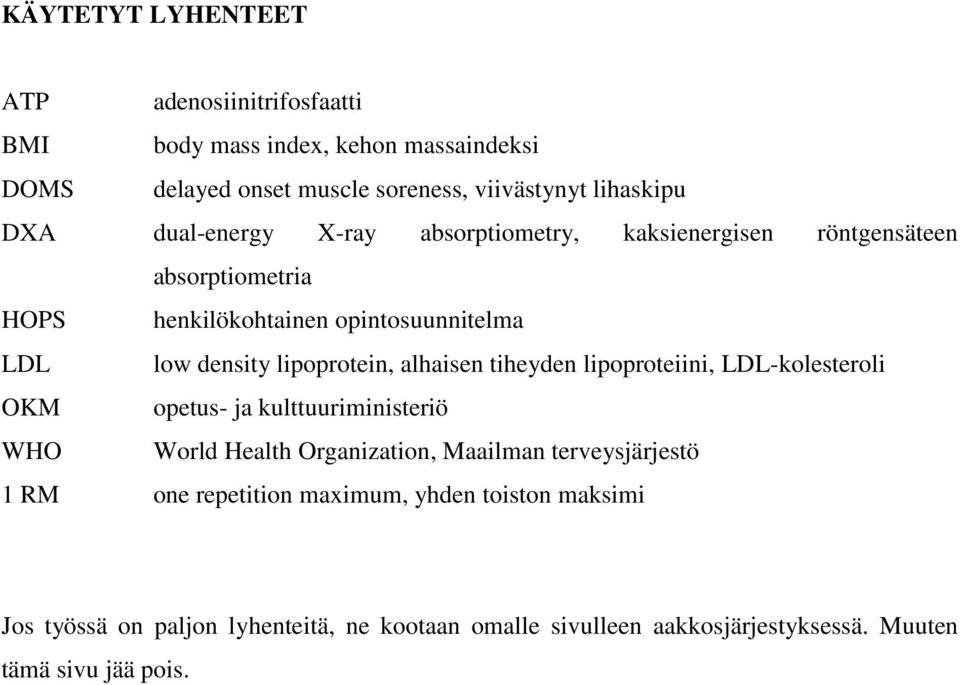 alhaisen tiheyden lipoproteiini, LDL-kolesteroli OKM opetus- ja kulttuuriministeriö WHO World Health Organization, Maailman terveysjärjestö 1 RM one