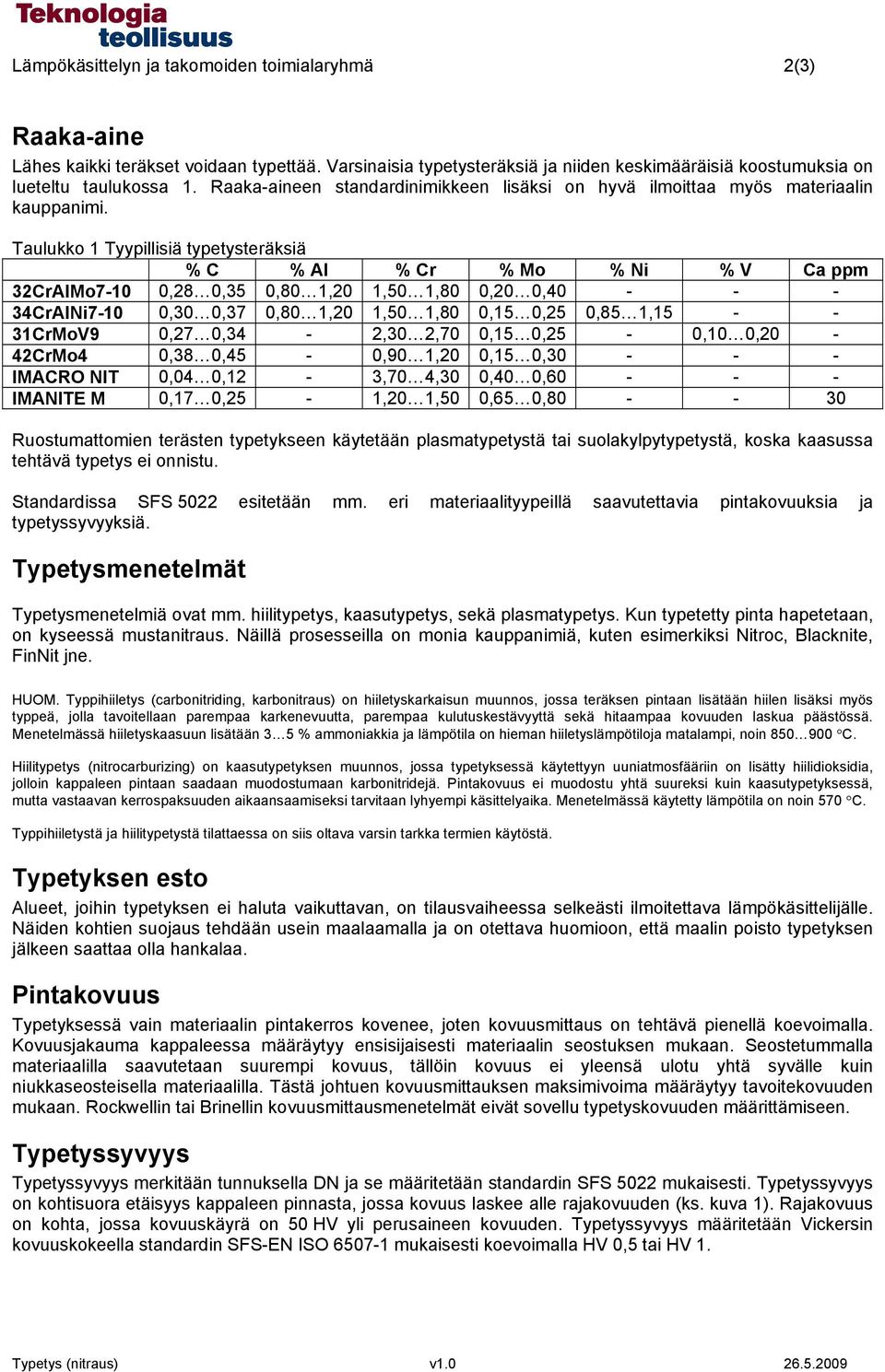 Taulukko 1 Tyypillisiä typetysteräksiä % C % Al % Cr % Mo % Ni % V Ca ppm 32CrAlMo7-10 0,28 0,35 0,80 1,20 1,50 1,80 0,20 0,40 - - - 34CrAlNi7-10 0,30 0,37 0,80 1,20 1,50 1,80 0,15 0,25 0,85 1,15 - -