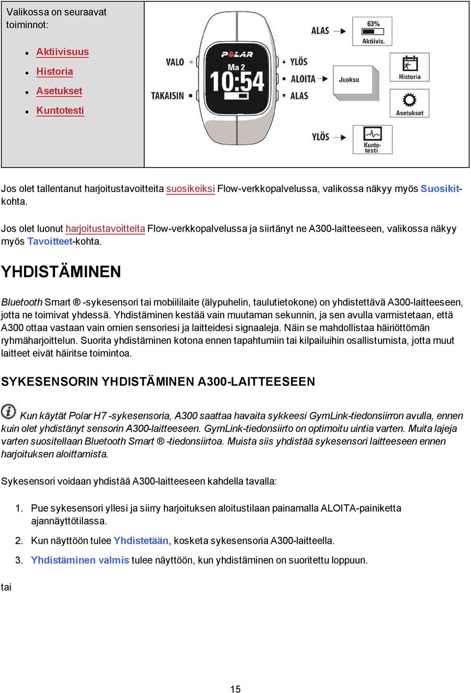 YHDISTÄMINEN Bluetooth Smart -sykesensori tai mobiililaite (älypuhelin, taulutietokone) on yhdistettävä A300-laitteeseen, jotta ne toimivat yhdessä.