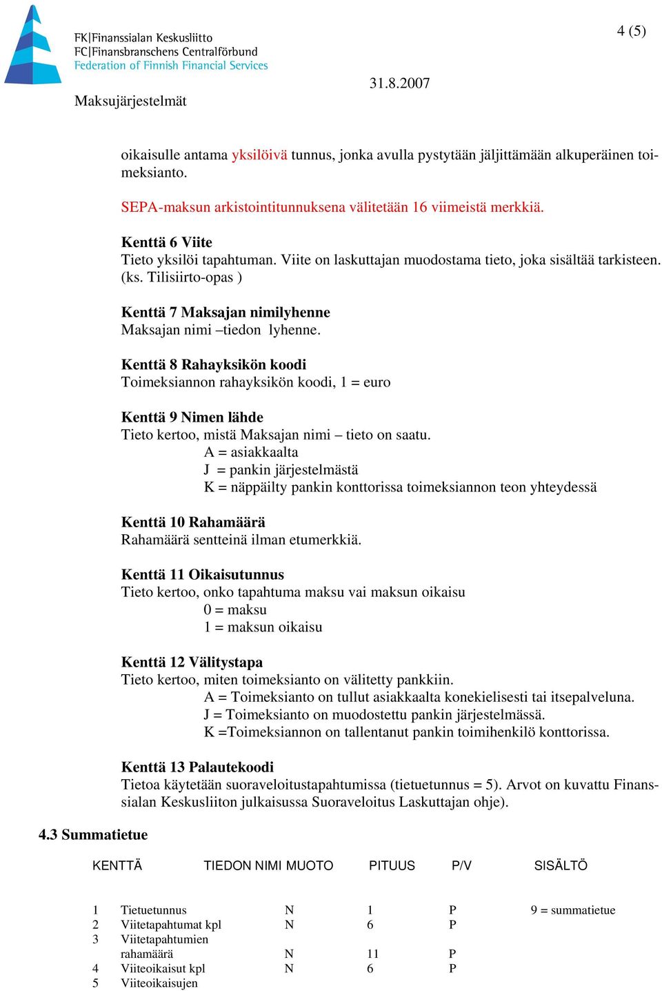 Kenttä 8 Rahayksikön koodi Toimeksiannon rahayksikön koodi, 1 = euro Kenttä 9 Nimen lähde Tieto kertoo, mistä Maksajan nimi tieto on saatu.