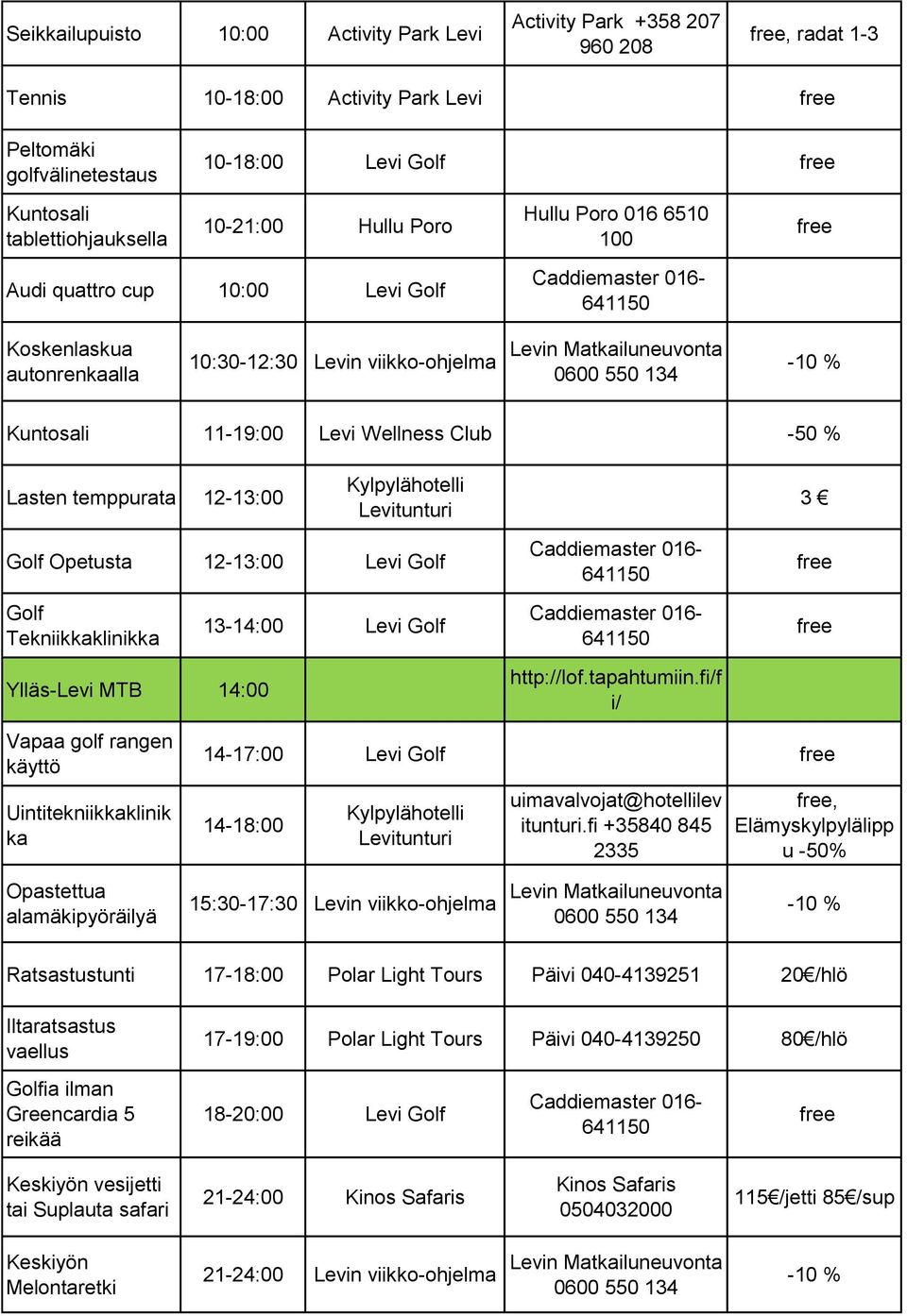 tapahtumiin.fi/f i/ 3 14-17:00 Levi Golf 14-18:00 uimavalvojat@hotellilev itunturi.