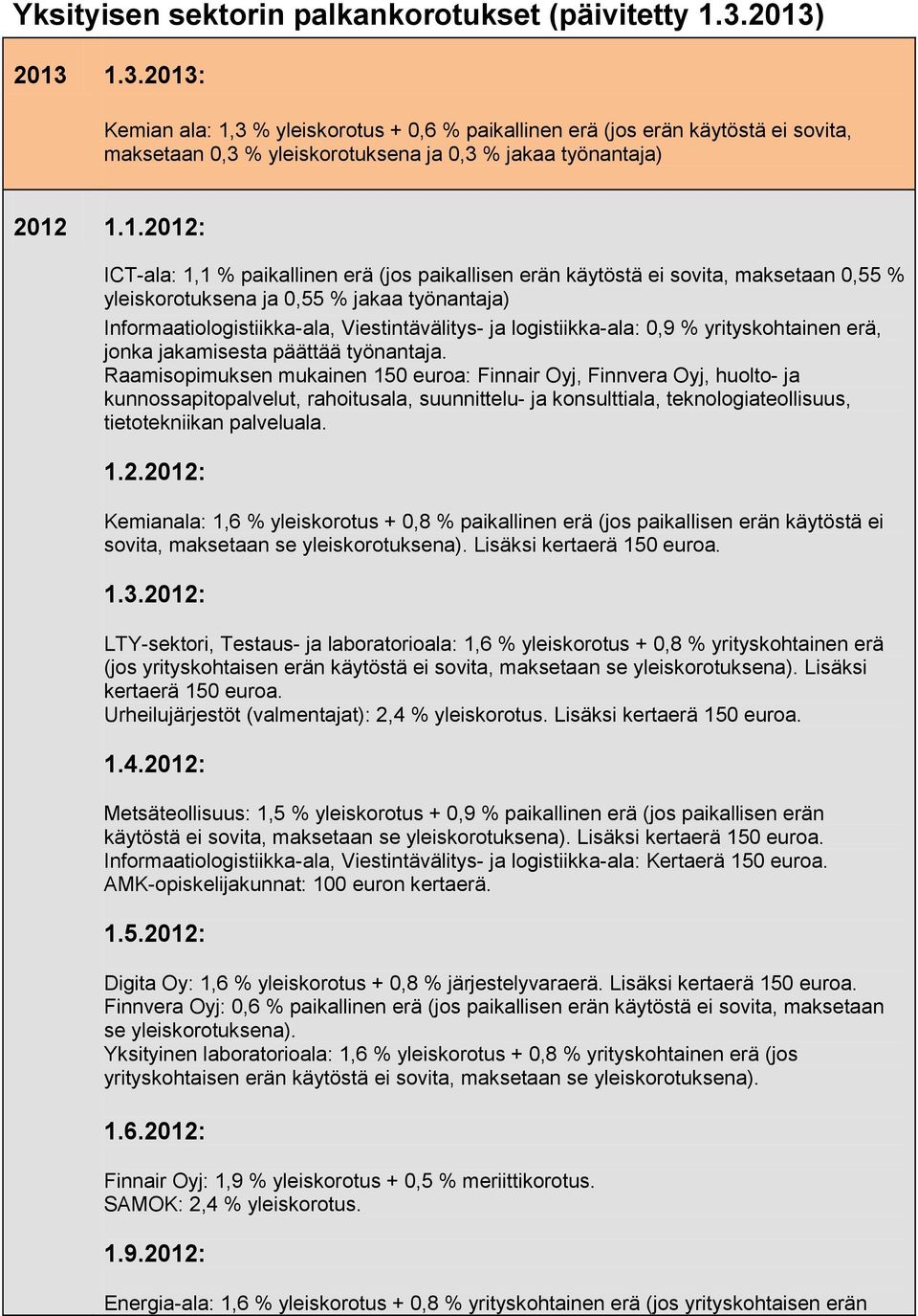 paikallinen erä (jos paikallisen erän käytöstä ei sovita, maksetaan 0,55 % yleiskorotuksena ja 0,55 % jakaa työnantaja) Informaatiologistiikka-ala, Viestintävälitys- ja logistiikka-ala: 0,9 %