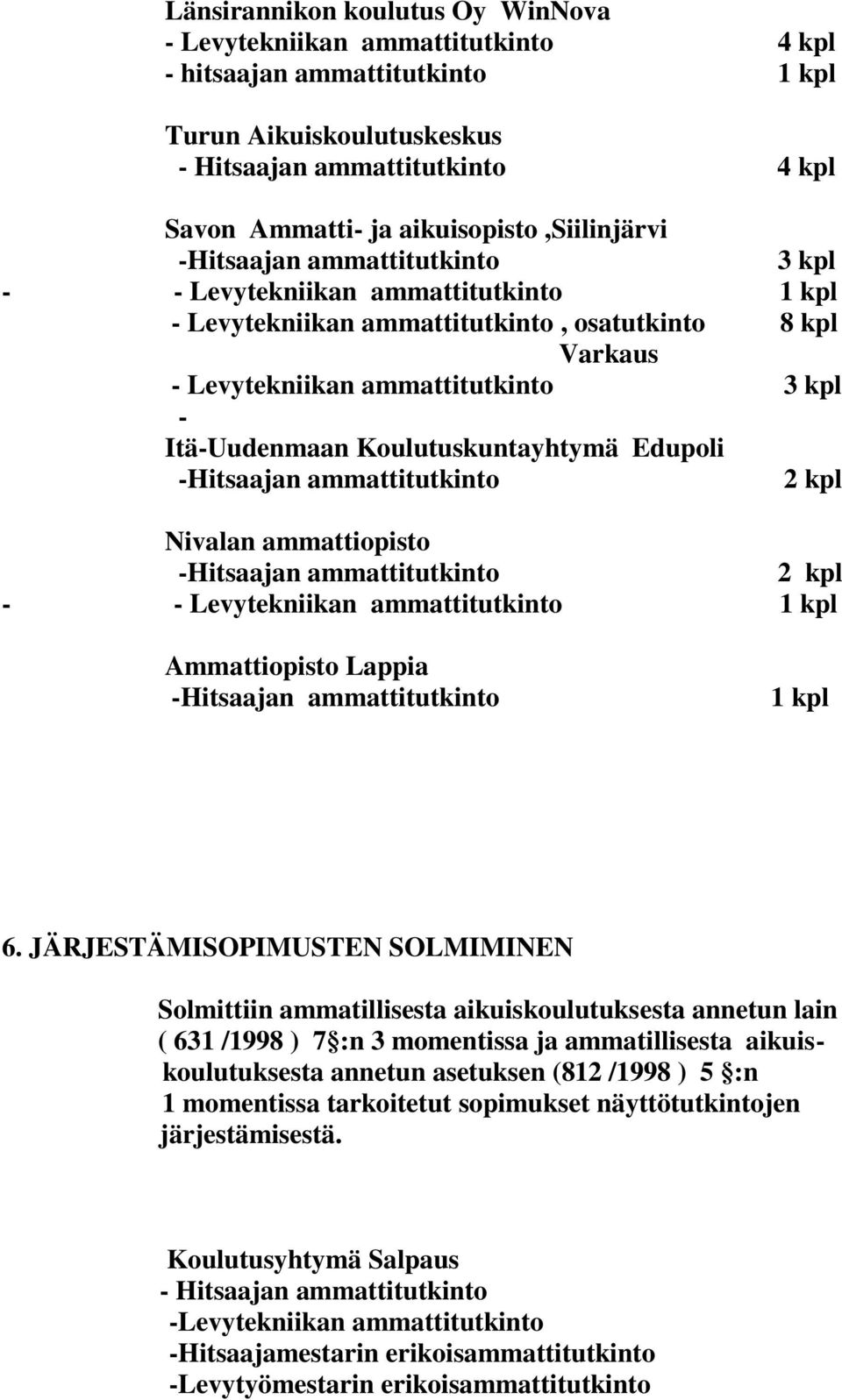 Nivalan ammattiopisto - - Levytekniikan ammattitutkinto 1 kpl Ammattiopisto Lappia 1 kpl 6.