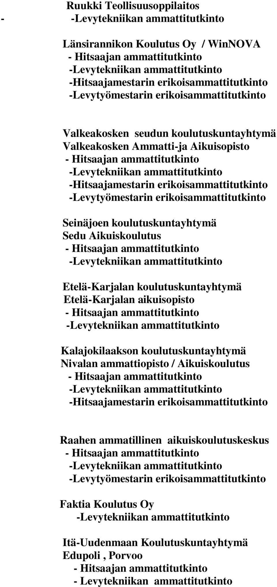 koulutuskuntayhtymä Etelä-Karjalan aikuisopisto Kalajokilaakson koulutuskuntayhtymä Nivalan ammattiopisto /