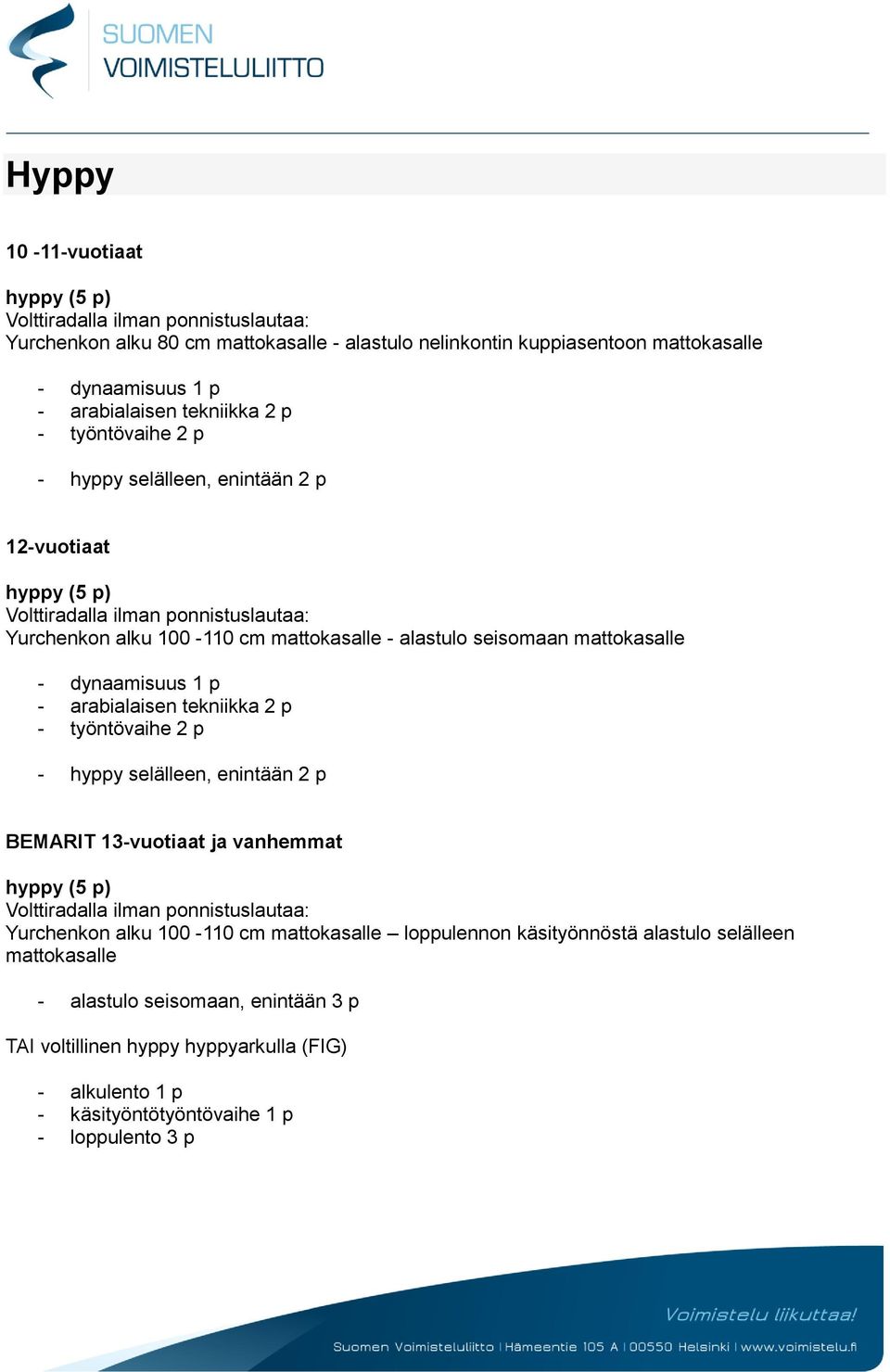 dynaamisuus 1 p - arabialaisen tekniikka 2 p - työntövaihe 2 p - hyppy selälleen, enintään 2 p BEMARIT 13-vuotiaat ja vanhemmat hyppy (5 p) Volttiradalla ilman ponnistuslautaa: Yurchenkon alku