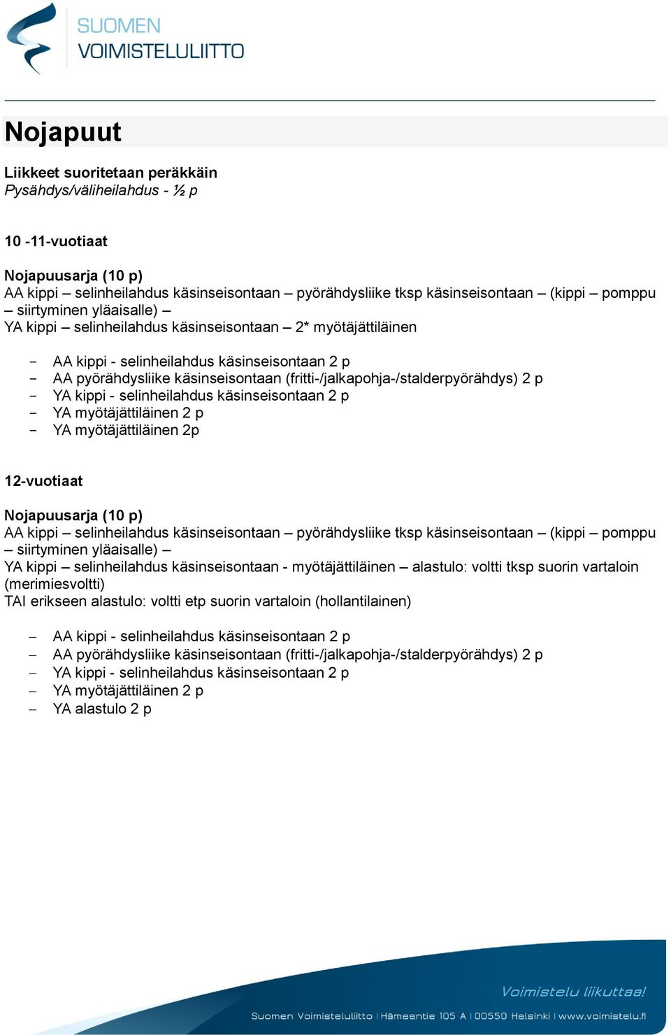 (fritti-/jalkapohja-/stalderpyörähdys) 2 p - YA kippi - selinheilahdus käsinseisontaan 2 p - YA myötäjättiläinen 2 p - YA myötäjättiläinen 2p 12-vuotiaat Nojapuusarja (10 p) AA kippi selinheilahdus