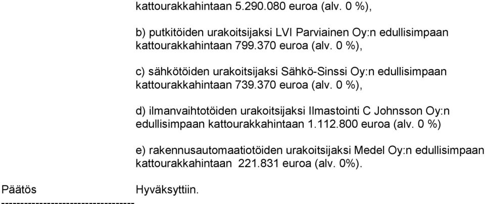 0 %), c) sähkötöiden urakoitsijaksi Sähkö-Sinssi Oy:n edullisimpaan kattourakkahintaan 739.370 euroa (alv.