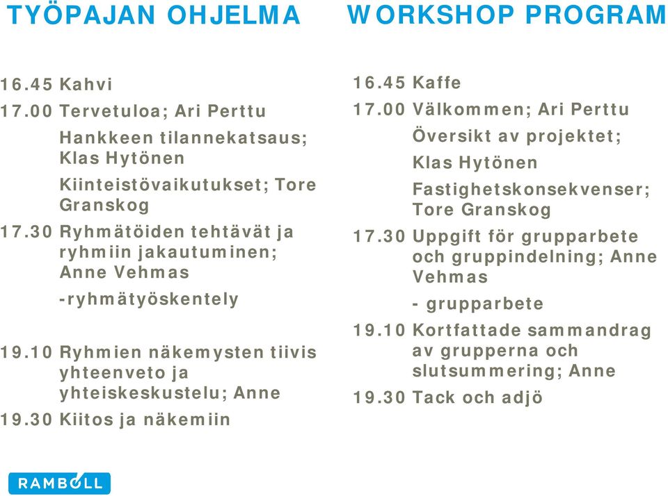 30 Ryhmätöiden tehtävät ja ryhmiin jakautuminen; Anne Vehmas -ryhmätyöskentely 19.10 Ryhmien näkemysten tiivis yhteenveto ja yhteiskeskustelu; Anne 19.