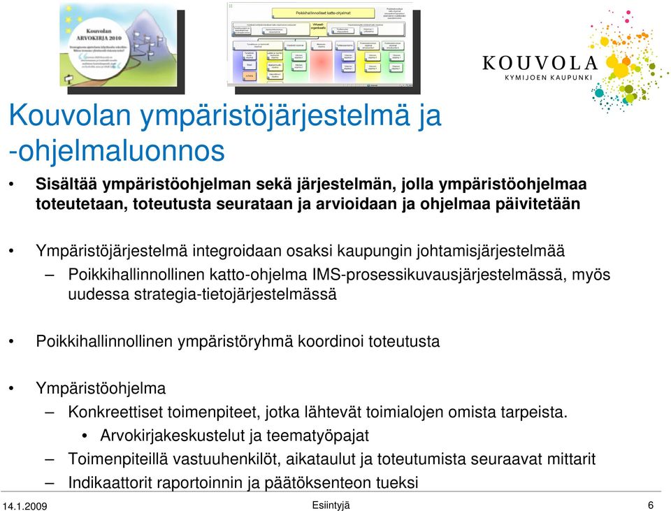 strategia-tietojärjestelmässä Poikkihallinnollinen ympäristöryhmä koordinoi toteutusta Ympäristöohjelma Konkreettiset toimenpiteet, jotka lähtevät toimialojen omista