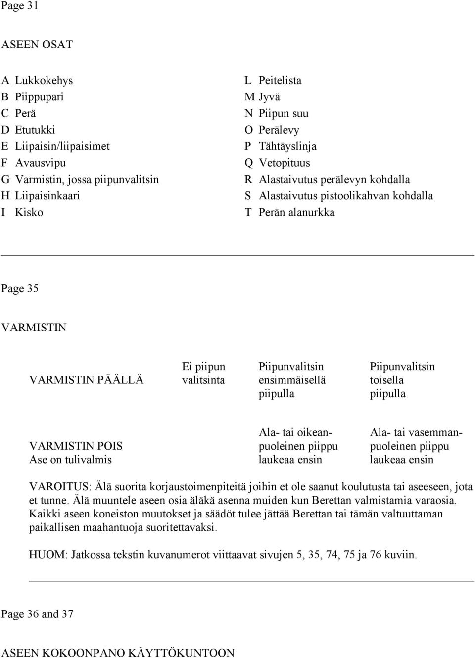 PÄÄLLÄ valitsinta ensimmäisellä toisella piipulla piipulla Ala- tai oikean- Ala- tai vasemman- VARMISTIN POIS puoleinen piippu puoleinen piippu Ase on tulivalmis laukeaa ensin laukeaa ensin VAROITUS: