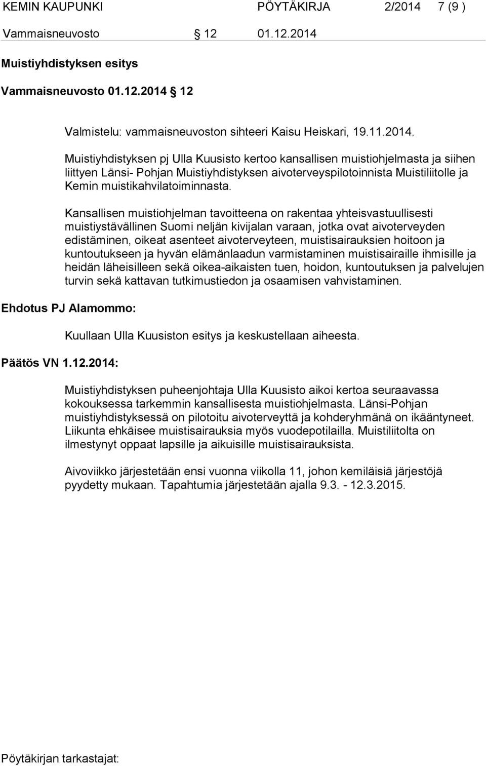 Muistiyhdistyksen esitys Vammaisneuvosto 01.12.2014 