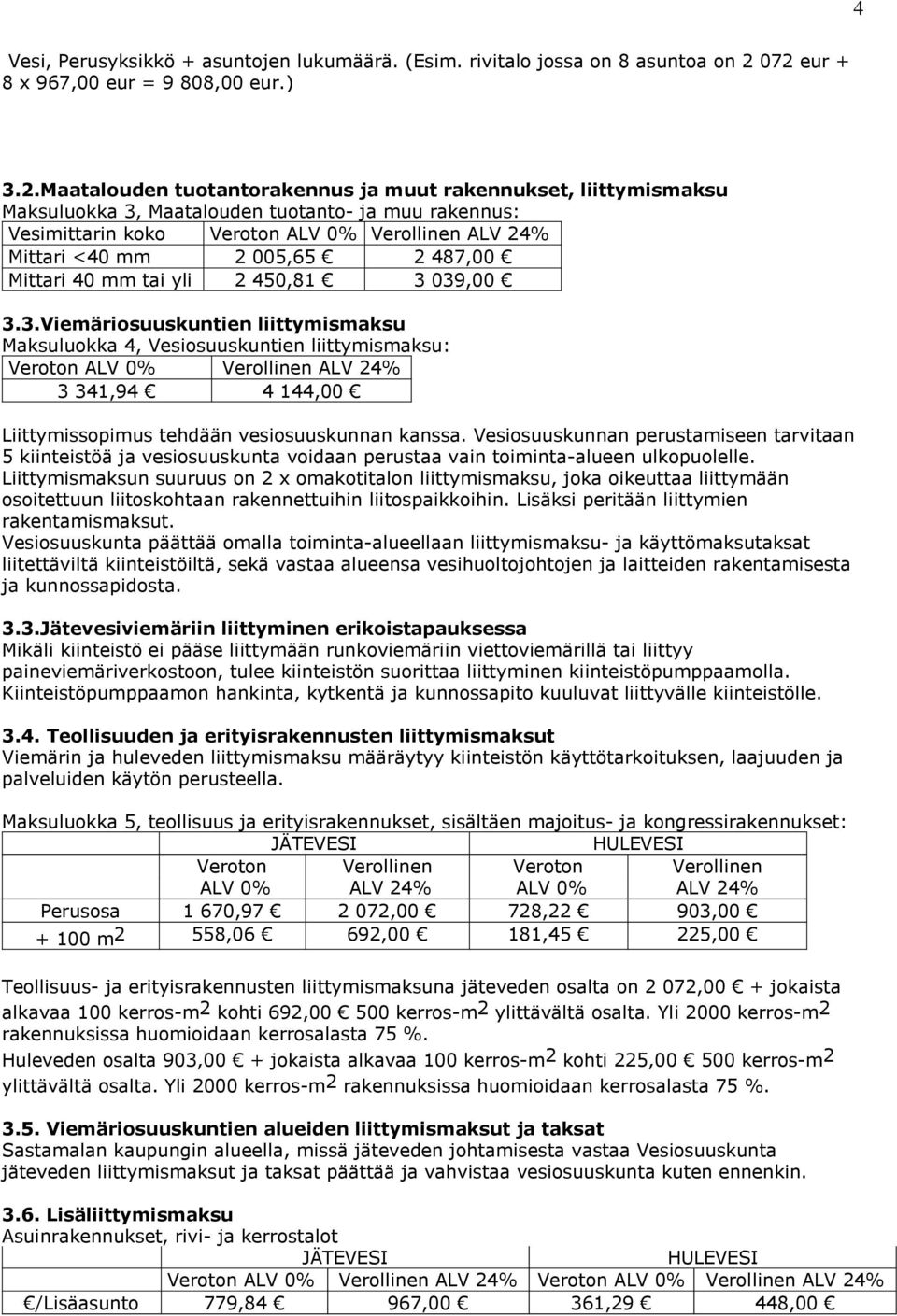 005,65 2 487,00 Mittari 40 mm tai yli 2 450,81 3 039,00 3.3.Viemäriosuuskuntien liittymismaksu Maksuluokka 4, Vesiosuuskuntien liittymismaksu: 3 341,94 4 144,00 Liittymissopimus tehdään vesiosuuskunnan kanssa.