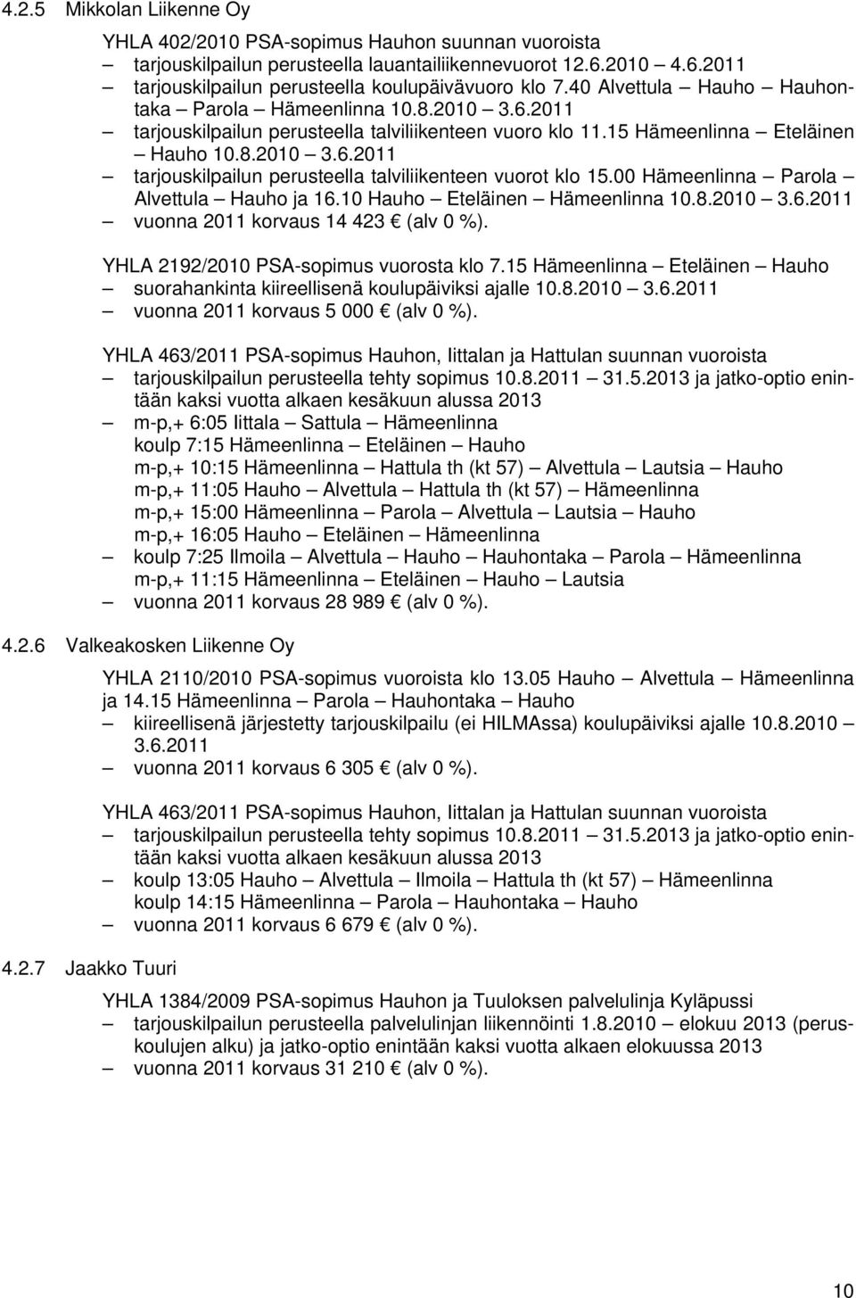 00 Hämeenlinna Parola Alvettula Hauho ja 16.10 Hauho Eteläinen Hämeenlinna 10.8.2010 3.6.2011 vuonna 2011 korvaus 14 423 (alv 0 %). YHLA 2192/2010 PSA-sopimus vuorosta klo 7.