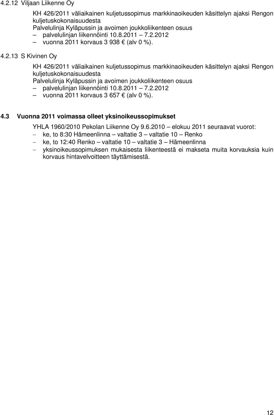 11 7.2.2012 vuonna 2011 korvaus 3 938 (alv 0 %). 4.2.13 S Kivinen Oy KH 426/2011 väliaikainen kuljetussopimus markkinaoikeuden käsittelyn ajaksi Rengon kuljetuskokonaisuudesta Palvelulinja Kyläpussin ja avoimen joukkoliikenteen osuus 11 7.