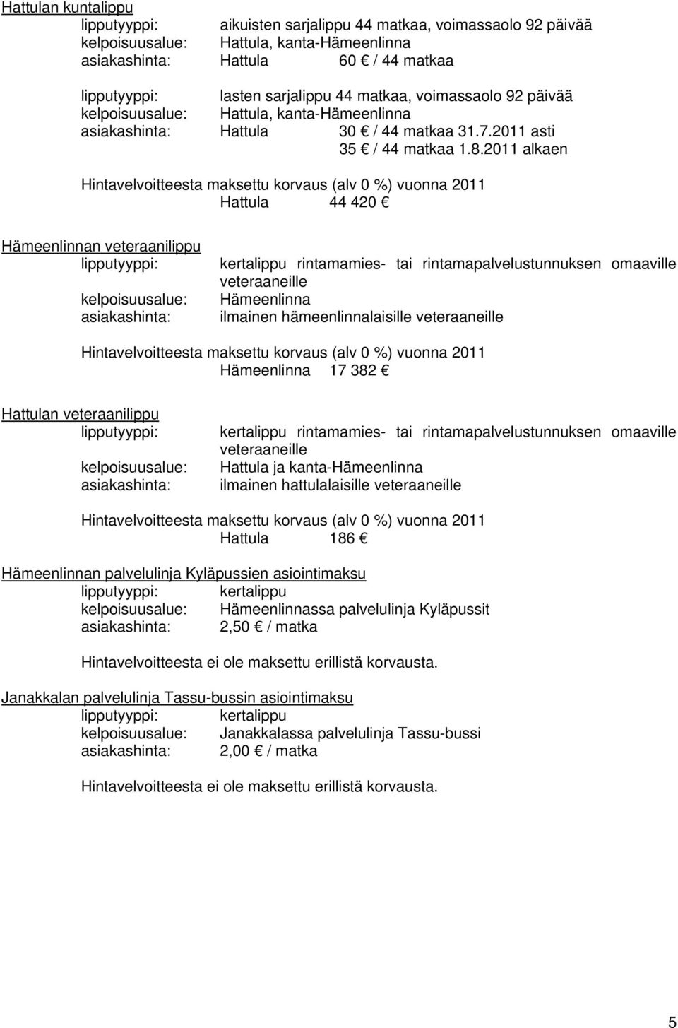 2011 alkaen Hintavelvoitteesta maksettu korvaus (alv 0 %) vuonna 2011 Hattula 44 420 Hämeenlinnan veteraanilippu lipputyyppi: kelpoisuusalue: asiakashinta: kertalippu rintamamies- tai