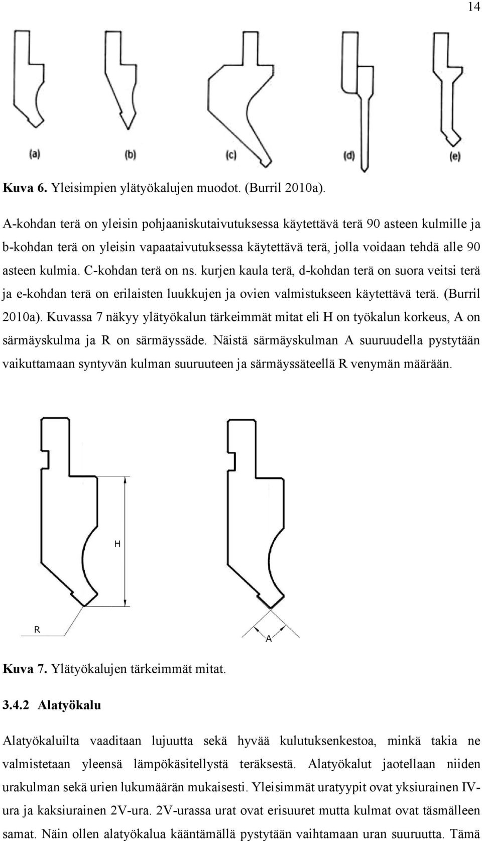C-kohdan terä on ns. kurjen kaula terä, d-kohdan terä on suora veitsi terä ja e-kohdan terä on erilaisten luukkujen ja ovien valmistukseen käytettävä terä. (Burril 2010a).