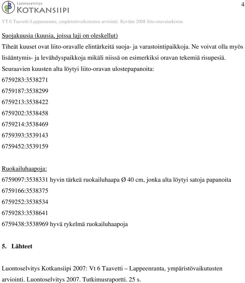 Seuraavien kuusten alta löytyi liito-oravan ulostepapanoita: 6759283:3538271 6759187:3538299 6759213:3538422 6759202:3538458 6759214:3538469 6759393:3539143 6759452:3539159