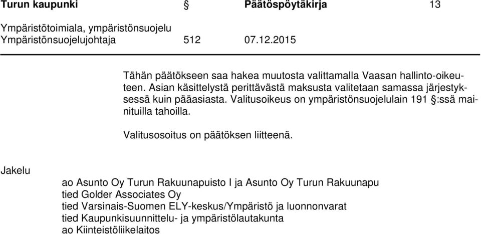 Valitusoikeus on ympäristönsuojelulain 191 :ssä mainituilla tahoilla. Valitusosoitus on päätöksen liitteenä.