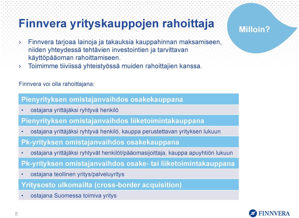 Finnvera voi olla rahoittajana: Pienyrityksen omistajanvaihdos osakekauppana ostajana yrittäjäksi ryhtyvä henkilö Pienyrityksen omistajanvaihdos liiketoimintakauppana ostajana yrittäjäksi ryhtyvä