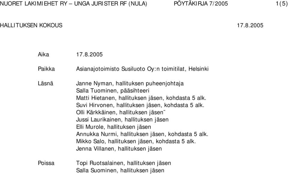 pääsihteeri Matti Hietanen, hallituksen jäsen, kohdasta 5 alk. Suvi Hirvonen, hallituksen jäsen, kohdasta 5 alk.