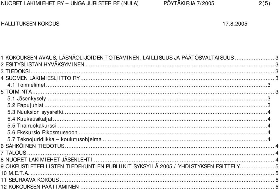 4 Kuukausikaljat...4 5.5 Thairuokakurssi...4 5.6 Ekskursio Rikosmuseoon...4 5.7 Teknojuridiikka koulutusohjelma...4 6 SÄHKÖINEN TIEDOTUS... 4 7 TALOUS.