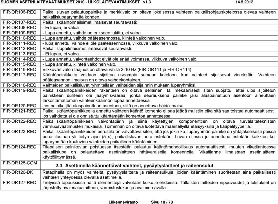 FIR-OR110-REQ - Lupa annettu, vaihde pääteasennossa, kiinteä valkoinen valo. FIR-OR111-REQ - lupa annettu, vaihde ei ole pääteasennossa, vilkkuva valkoinen valo.