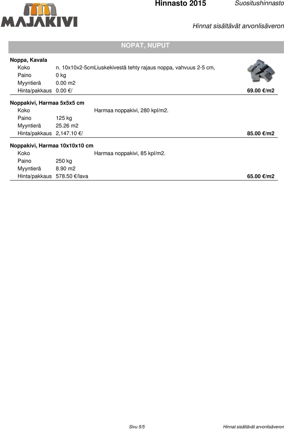 00 / Noppakivi, Harmaa 5x5x5 cm 125 kg 25.26 m2 2,147.10 / Harmaa noppakivi, 280 kpl/m2.
