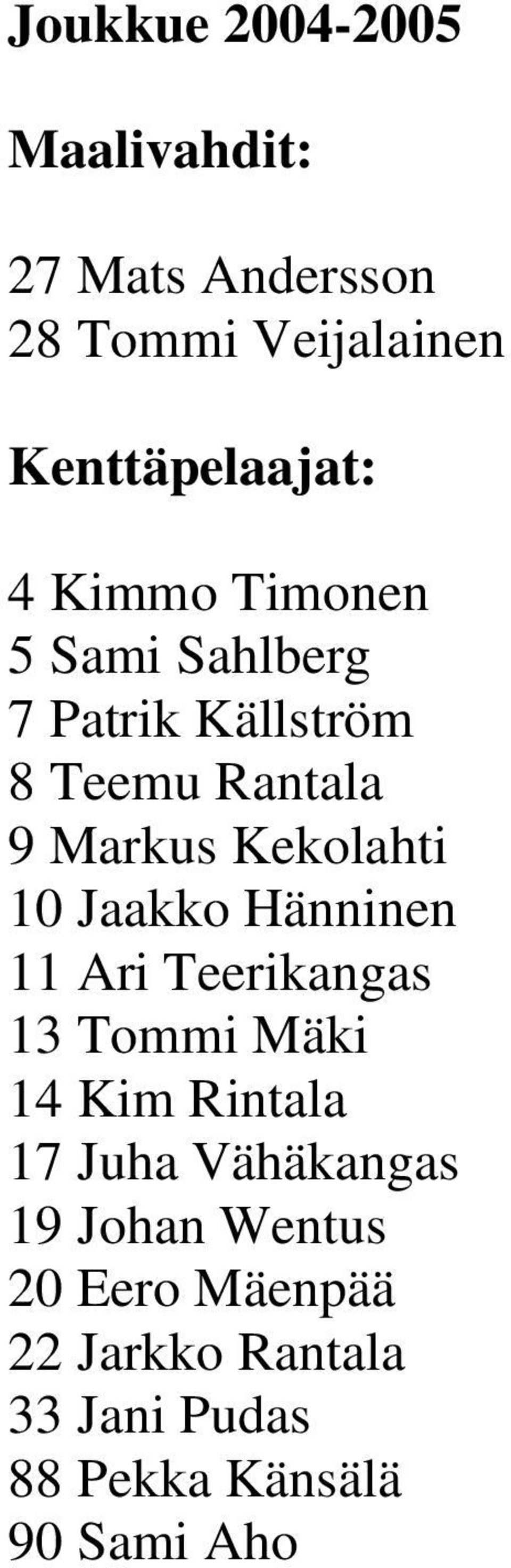 Rantala 10 Jaakko Hänninen 13 Tommi Mäki 14 Kim Rintala 20