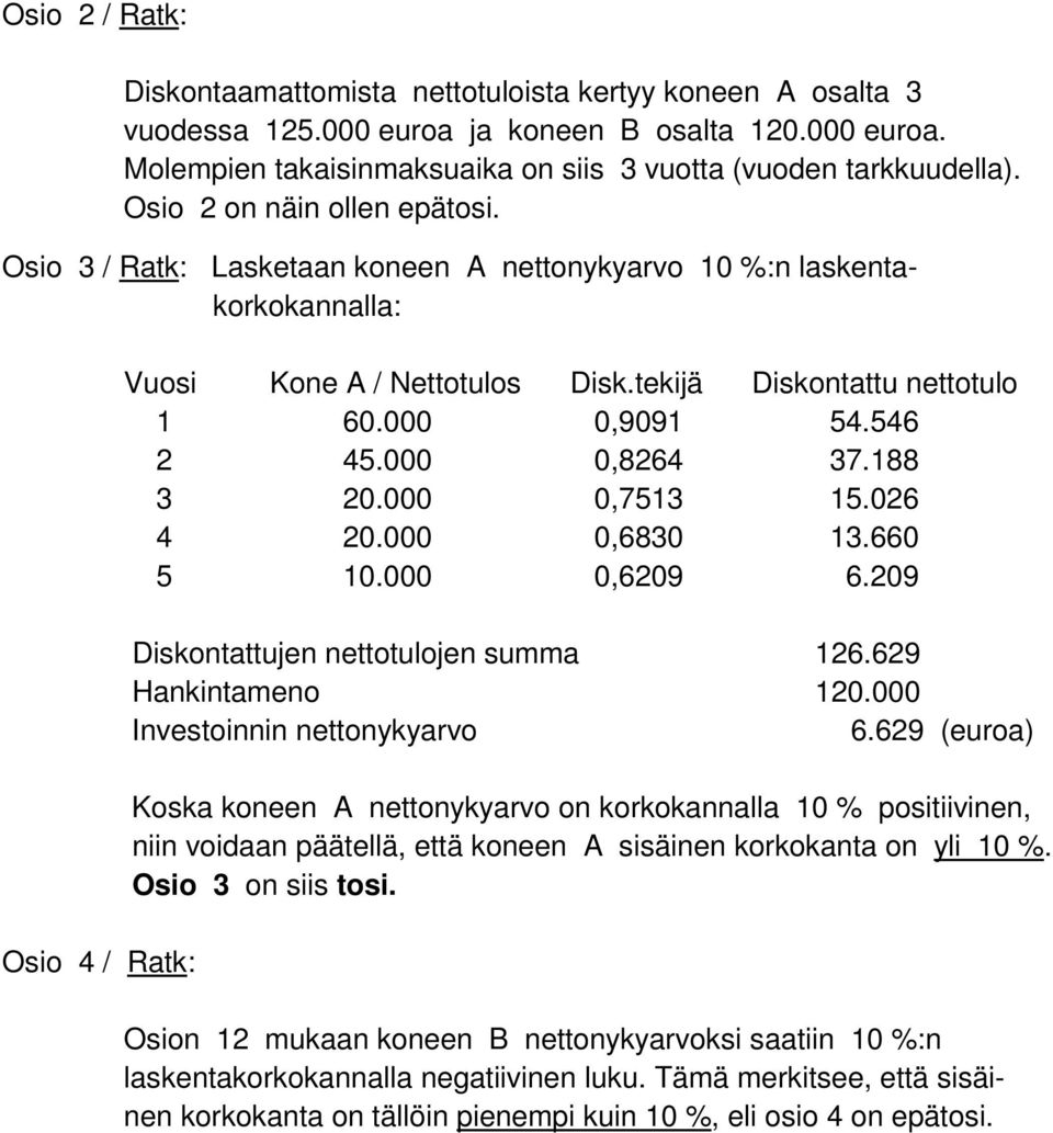 000 0,9091 54.546 2 45.000 0,8264 37.188 3 20.000 0,7513 15.026 4 20.000 0,6830 13.660 5 10.000 0,6209 6.209 Diskontattujen nettotulojen summa 126.629 Hankintameno 120.