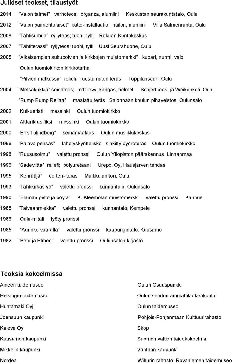 tuomiokirkon kirkkotarha Pilvien matkassa reliefi; ruostumaton teräs Toppilansaari, Oulu 2004 Metsäkukkia seinäteos; mdf-levy, kangas, helmet Schjerfbeck- ja Weikonkoti, Oulu Rump Rump Rellaa