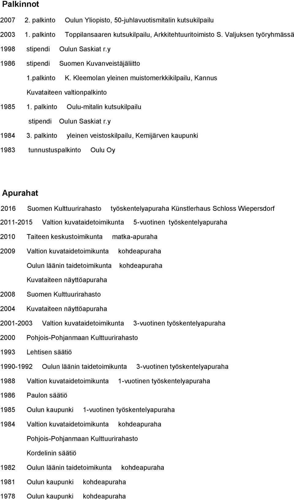 palkinto Oulu-mitalin kutsukilpailu stipendi Oulun Saskiat r.y 1984 3.