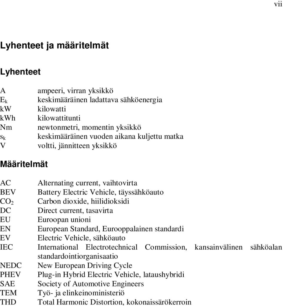 hiilidioksidi Direct current, tasavirta Euroopan unioni European Standard, Eurooppalainen standardi Electric Vehicle, sähköauto International Electrotechnical Commission, kansainvälinen sähköalan