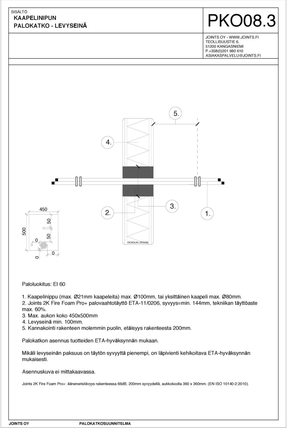 Joints 2K Fire Foam Pro+ palovaahtotäyttö ETA-11/0206, syvyys=min. 144mm, tekniikan täyttöaste max. 60%. 3. Max. aukon koko 450x500mm 4. Levyseinä min. 100mm. 5.