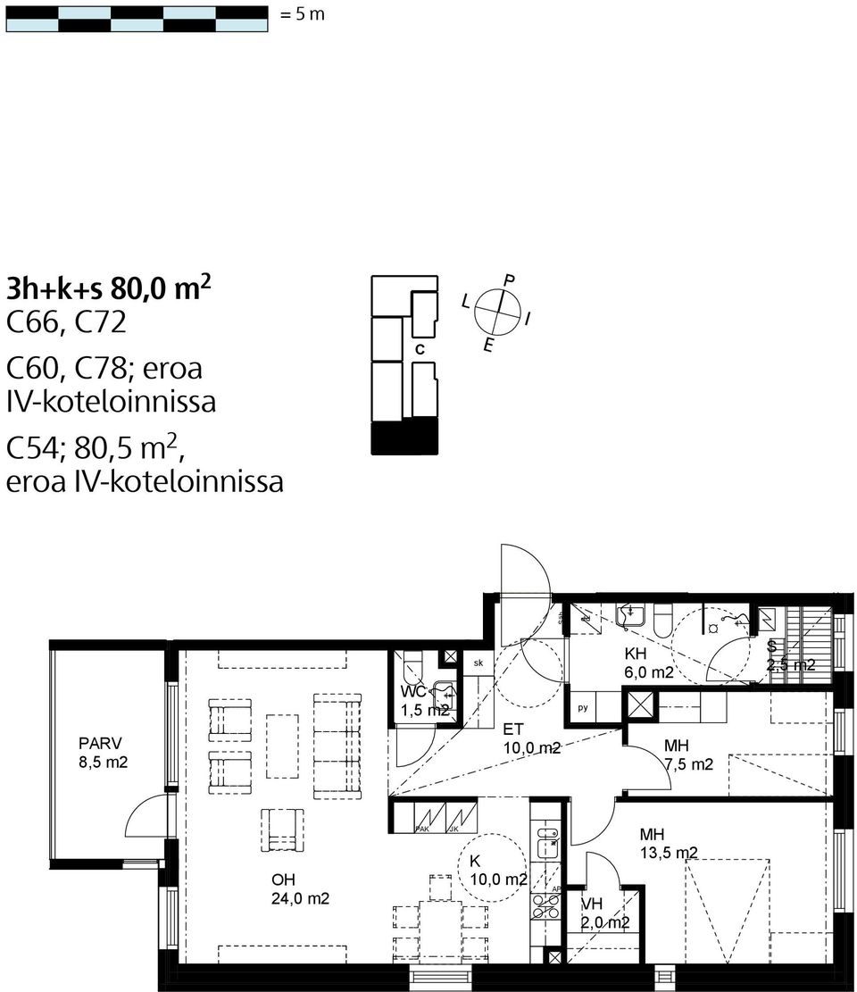 IV-koteloinnissa 1 äh s RV W 1,5 m2 10,0 m2 H 6,0 m2