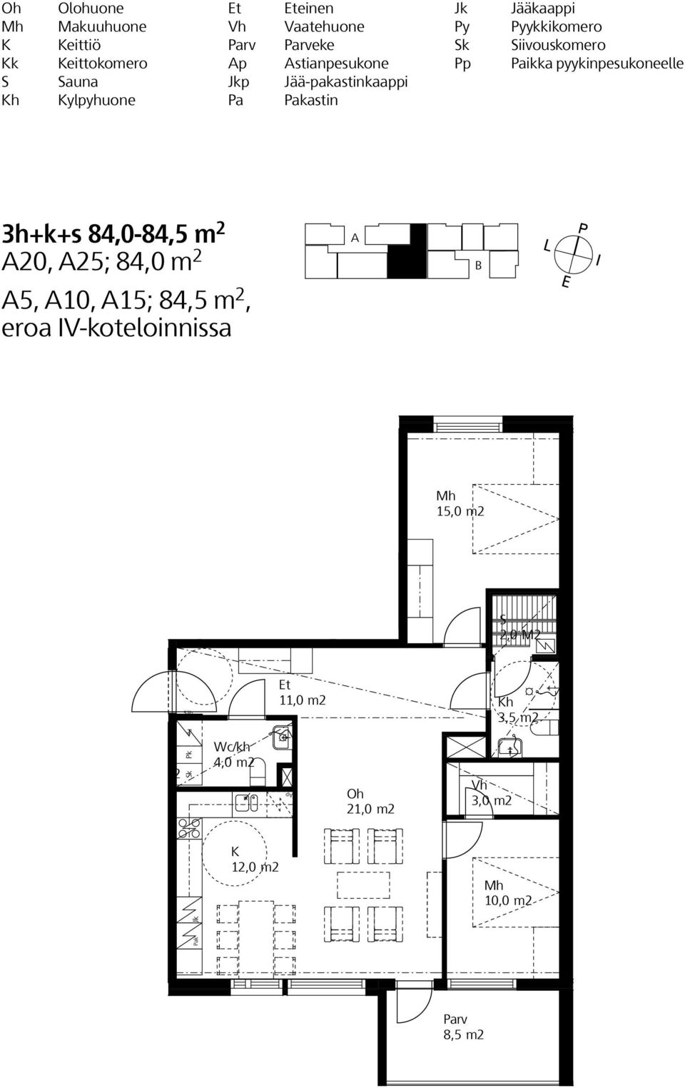 ykinpesukoneelle 3h+k+s 84,0-84,5 m 2 20, 25; 84,0 m 2 5, 10, 15; 84,5 m 2, eroa IV-koteloinnissa 12,5 M2 1 15,5 M2 äh