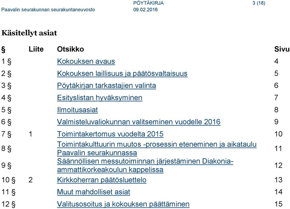 vuodelta 2015 10 8 Toimintakulttuurin muutos -prosessin eteneminen ja aikataulu Paavalin seurakunnassa 11 9 Säännöllisen messutoiminnan