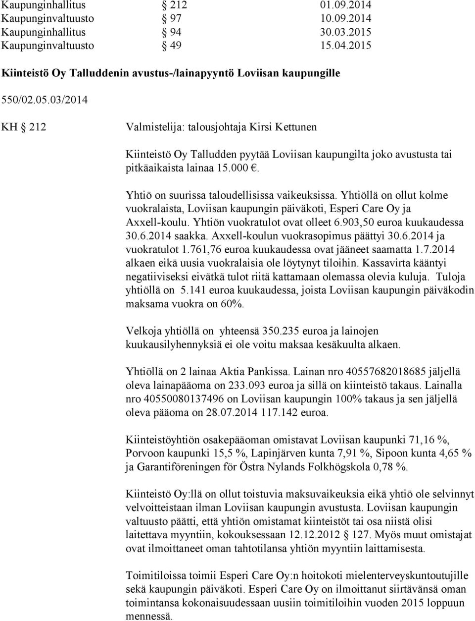 03/2014 KH 212 Valmistelija: talousjohtaja Kirsi Kettunen Kiinteistö Oy Talludden pyytää Loviisan kaupungilta joko avustusta tai pitkäaikaista lainaa 15.000.