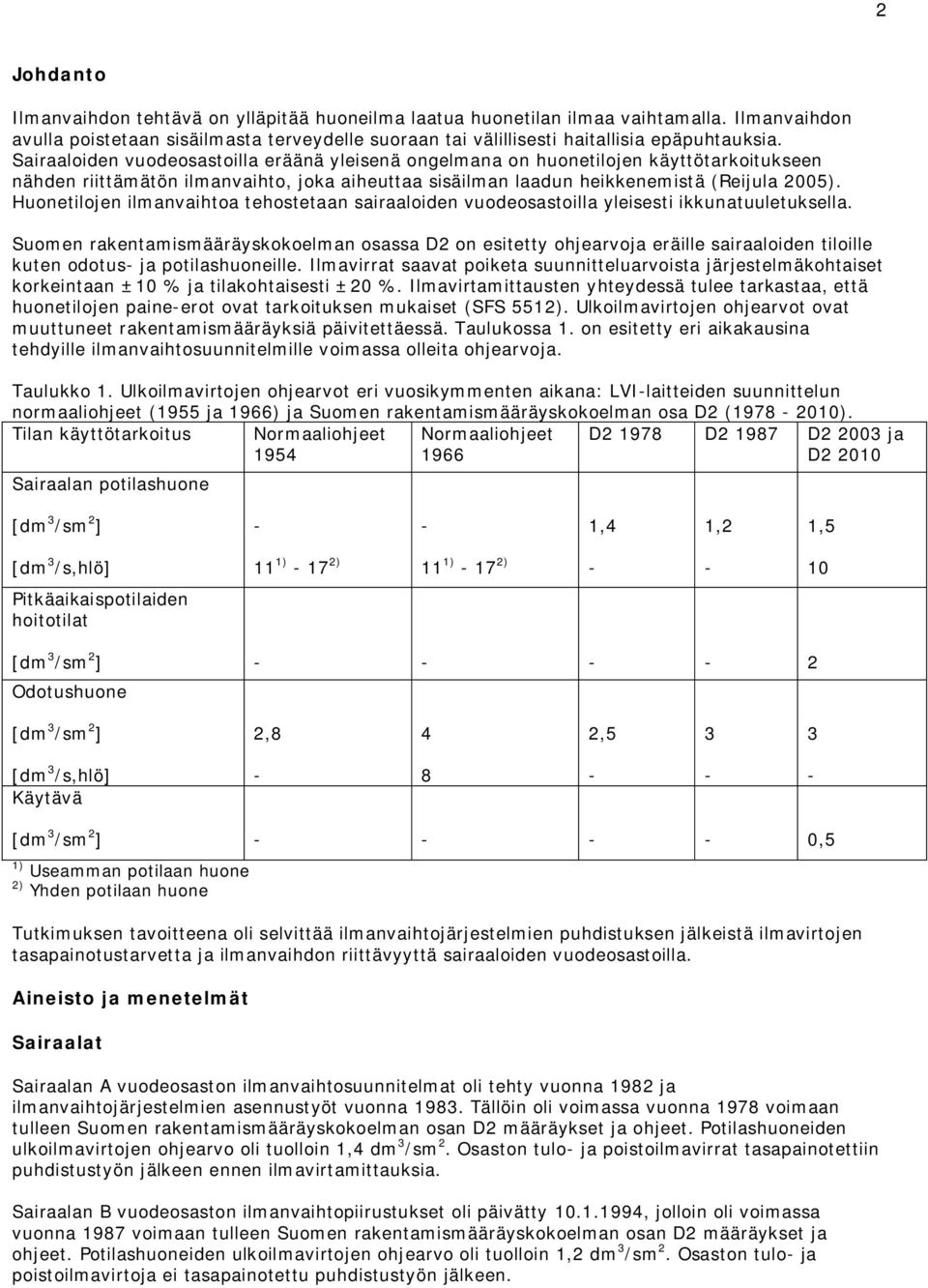 Sairaaloiden vuodeosastoilla eräänä yleisenä ongelmana on huonetilojen käyttötarkoitukseen nähden riittämätön ilmanvaihto, joka aiheuttaa sisäilman laadun heikkenemistä (Reijula 2005).