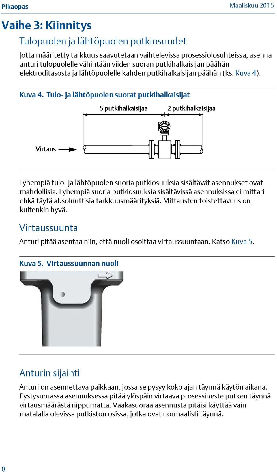 . Kuva 4. Tulo- ja lähtöpuolen suorat putkihalkaisijat 5 putkihalkaisijaa 2 putkihalkaisijaa Virtaus Lyhempiä tulo- ja lähtöpuolen suoria putkiosuuksia sisältävät asennukset ovat mahdollisia.