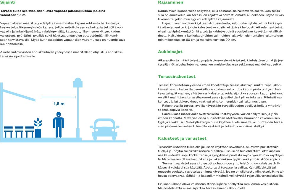 valaisinpylväät, katupuut, liikennemerkit ym. kadun varusteet, pyörätiet, pysäkit sekä hälytysajoneuvojen esteettömään liikkumiseen tarvittava tila.