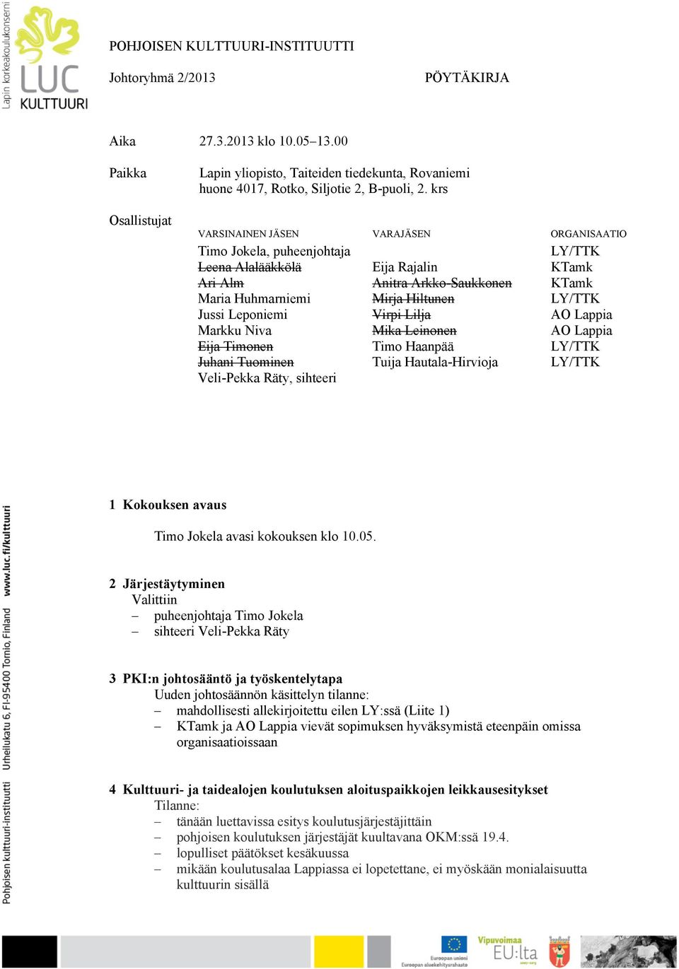 krs VARSINAINEN JÄSEN VARAJÄSEN ORGANISAATIO Timo Jokela, puheenjohtaja LY/TTK Leena Alalääkkölä Eija Rajalin KTamk Ari Alm Anitra Arkko-Saukkonen KTamk Maria Huhmarniemi Mirja Hiltunen LY/TTK Jussi