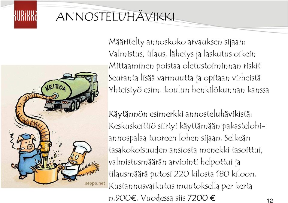 koulun henkilökunnan kanssa Käytännön esimerkki annosteluhävikistä: Keskuskeittiö siirtyi käyttämään pakastelohiannospalaa tuoreen lohen