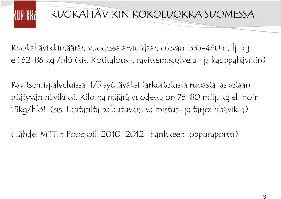Kotitalous-, ravitsemispalvelu- ja kauppahävikin) Ravitsemispalveluissa 1/5 syötäväksi tarkoitetusta ruoasta