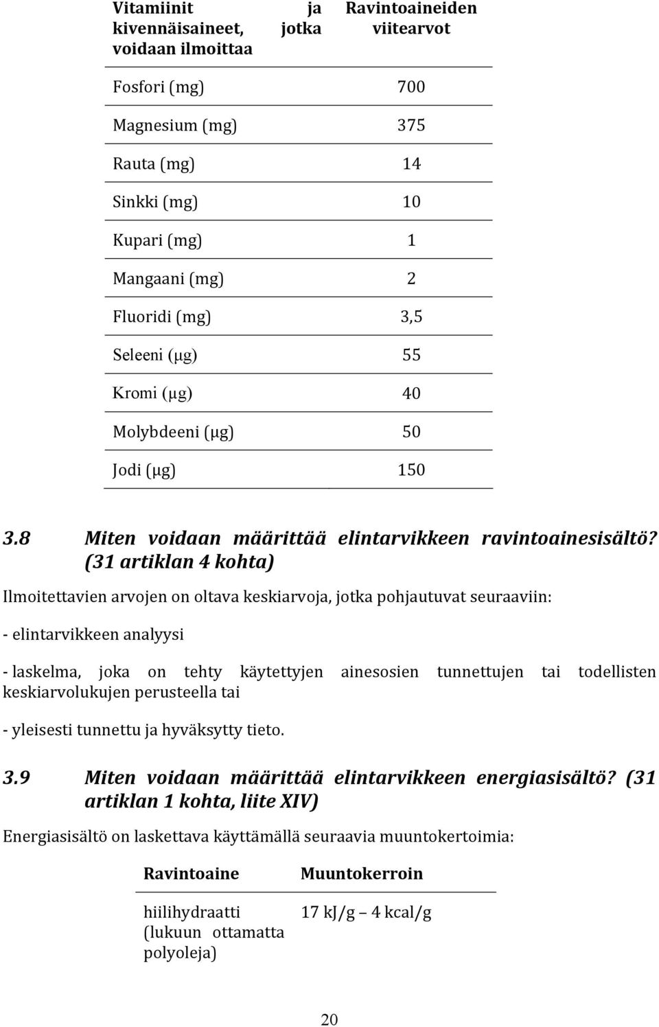 (31 artiklan 4 kohta) Ilmoitettavien arvojen on oltava keskiarvoja, jotka pohjautuvat seuraaviin: - elintarvikkeen analyysi - laskelma, joka on tehty käytettyjen ainesosien tunnettujen tai