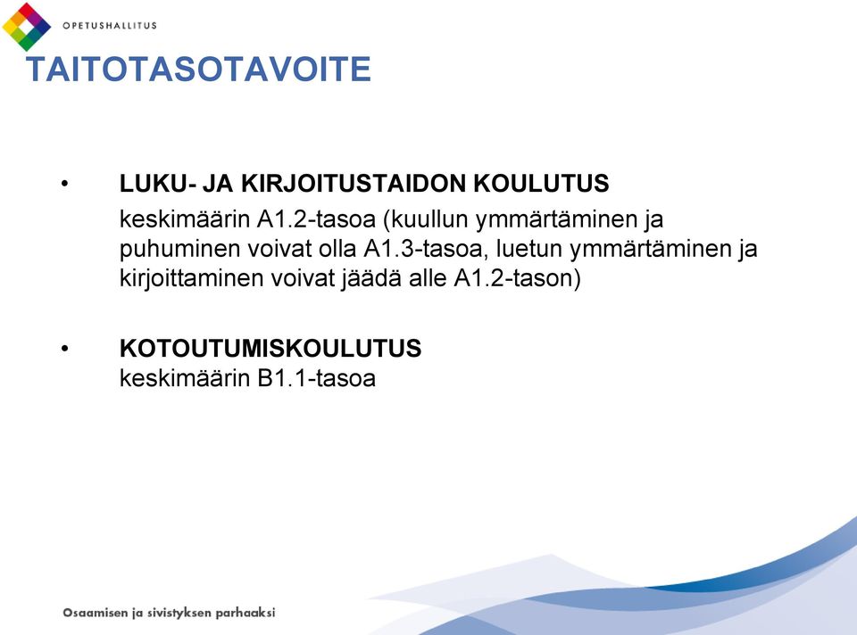 2-tasoa (kuullun ymmärtäminen ja puhuminen voivat olla A1.