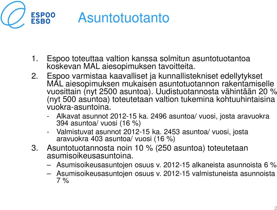 Uudistuotannosta vähintään 20 % (nyt 500 asuntoa) toteutetaan valtion tukemina kohtuuhintaisina vuokra-asuntoina. - Alkavat asunnot 2012-15 ka.