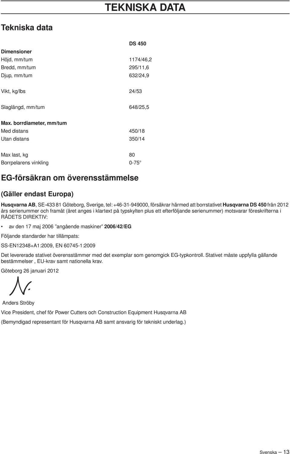 Sverige, tel: +46-31-949000, försäkrar härmed att borrstativet Husqvarna DS 450 från 2012 års serienummer och framåt (året anges i klartext på typskylten plus ett efterföljande serienummer) motsvarar