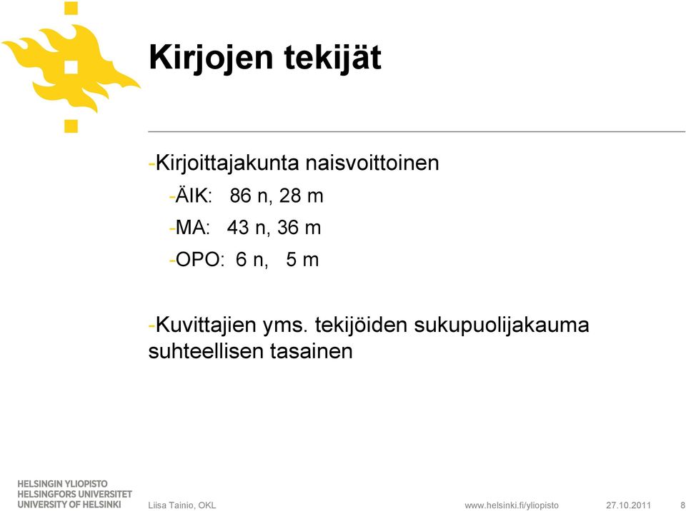 yms. tekijöiden sukupuolijakauma suhteellisen tasainen