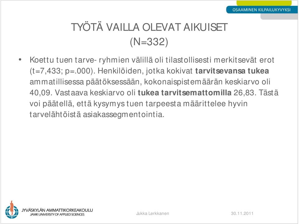 Henkilöiden, jotka kokivat tarvitsevansa tukea ammatillisessa päätöksessään, kokonaispistemäärän