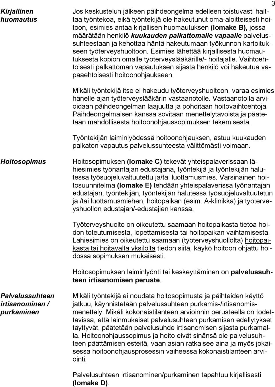 Esimies lähettää kirjallisesta huomautuksesta kopion omalle työterveyslääkärille/- hoitajalle. Vaihtoehtoisesti palkattoman vapautuksen sijasta henkilö voi hakeutua vapaaehtoisesti hoitoonohjaukseen.